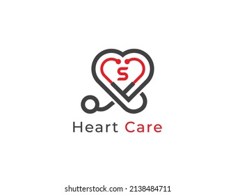 Heart Care Stethoscope Logo sign icon symbol Design with Letter S. Vector illustration logo template