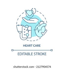 Heart care turquoise concept icon. Cardiology department. Service of medical center abstract idea thin line illustration. Isolated outline drawing. Editable stroke. Arial, Myriad Pro-Bold fonts used