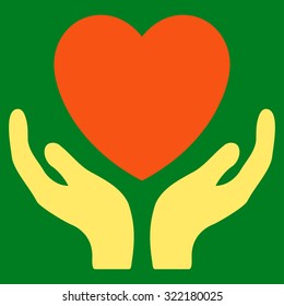 Heart Care vector icon. Style is bicolor flat symbol, orange and yellow colors, rounded angles, green background.