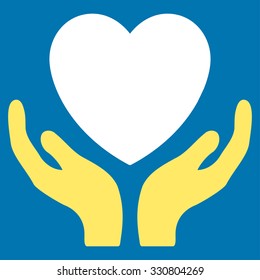 Heart Care vector icon. Style is bicolor flat symbol, yellow and white colors, rounded angles, blue background.