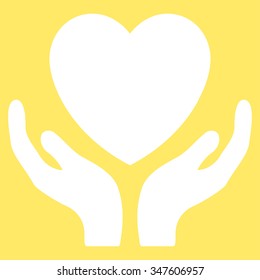 Heart Care vector icon. Style is flat symbol, white color, rounded angles, yellow background.