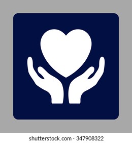 Heart Care vector icon. Style is flat rounded square button, white and dark blue colors, silver background.