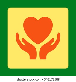 Heart Care vector icon. Style is flat rounded square button, orange and yellow colors, green background.