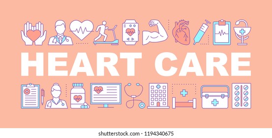 Heart care word concepts banner. Cardiology. Cardiovascular disease treatment and diagnosis. Isolated lettering typography idea with linear icons. Vector outline illustration