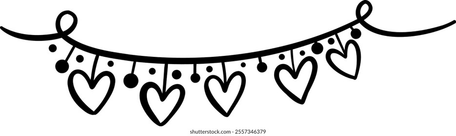 Heart cartoon banner, cute vector valentine day illustration, doodle hearts bunting border design