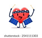 Heart cartoon character beats on drums music instrument for love or Valentine day, vector cheerful face. Cute happy heart character of funny smile musician drummer with drums in bandana for love emoji