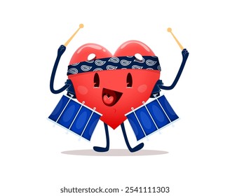 Heart cartoon character beats on drums music instrument for love or Valentine day, vector cheerful face. Cute happy heart character of funny smile musician drummer with drums in bandana for love emoji