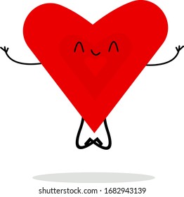 Heart cartoon character health symbol meditates with closed eyes on a white background yoga concept