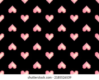 Heart cartoon character seamless pattern on black background. Pixel style