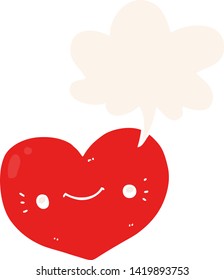 heart cartoon character with speech bubble in retro style