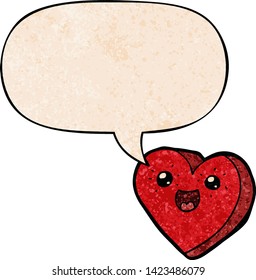 heart cartoon character with speech bubble in retro texture style