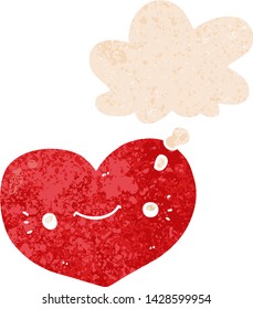 heart cartoon character with thought bubble in grunge distressed retro textured style