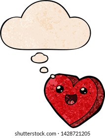 heart cartoon character with thought bubble in grunge texture style