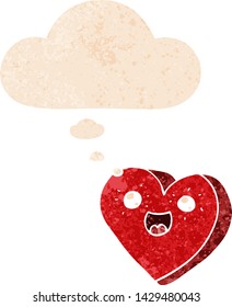 heart cartoon character with thought bubble in grunge distressed retro textured style