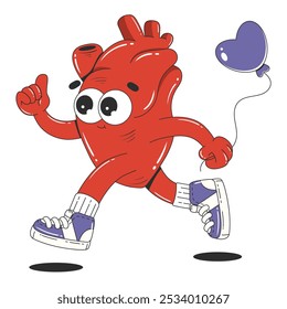 Heart cartoon character walking with balloon. Retro groovy character. Valentines Day. Isolated vector illustration.