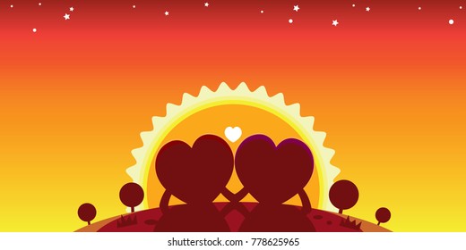 Heart Cartoon Couple Romantic Sunset.