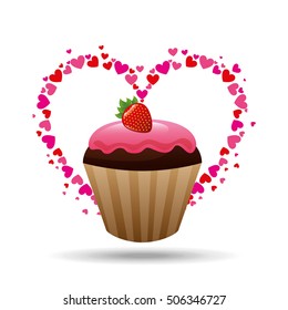 heart cartoon cupcake chocolate pink cream and strawberry sweet icon design vector illustration