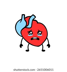 Una caricatura de corazón con una expresión triste, con lágrimas y Elementos anatómicos en azul y rojo.