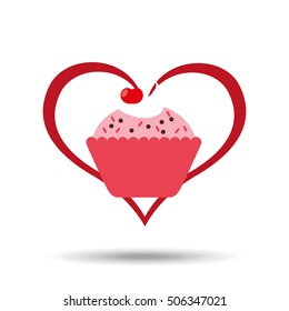heart cartoon sweet cup cake pink chips and cherry icon design vector illustration