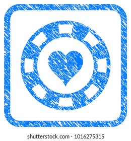 Heart Casino Chip grainy textured icon inside rounded square for overlay watermark imitations. Flat symbol with unclean texture.