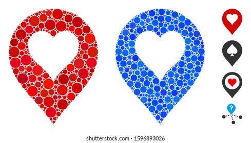 Heart casino marker mosaic of small circles in variable sizes and color hues, based on heart casino marker icon. Vector small circles are combined into blue mosaic.