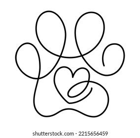 Heart with cat or dog paw in continuous one line drawing. Minimal line art. Animal foorprint in heart. Pet love concept.