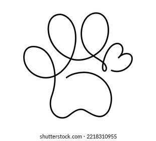 Heart with cat or dog paw in continuous one line drawing logo. Minimal line art. Animal foorprint in heart. Pet love concept.