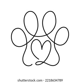 Heart with cat or dog paw in continuous one line drawing logo. Minimal line art. Animal foorprint in heart. Pet love concept.