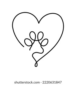 Heart with cat or dog paw in continuous one line drawing logo. Minimal line art. Animal foorprint in heart. Pet love concept.