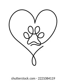 Heart with cat or dog paw in continuous one line drawing logo. Minimal line art. Animal foorprint in heart. Pet love concept.