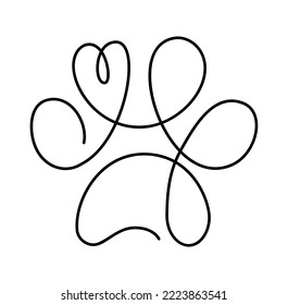 Heart with cat or dog paw in continuous one line drawing logo. Minimal line art. Animal foorprint in heart. Pet love concept.