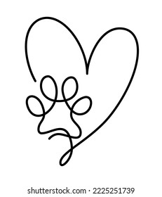 Heart with cat or dog paw in continuous one line drawing logo. Minimal line art. Animal foorprint in heart. Pet love concept.