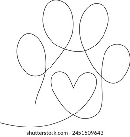 Heart with cat or dog paw in continuous one line drawing logo. Minimal line art. Animal footprint in heart. Pet love concept stock illustration