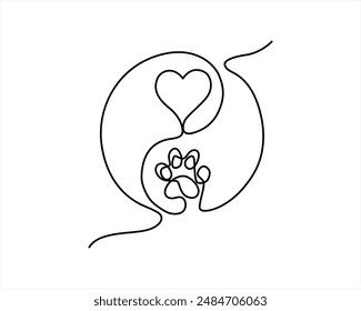 Heart with cat or dog paw in continuous one line drawing logo.