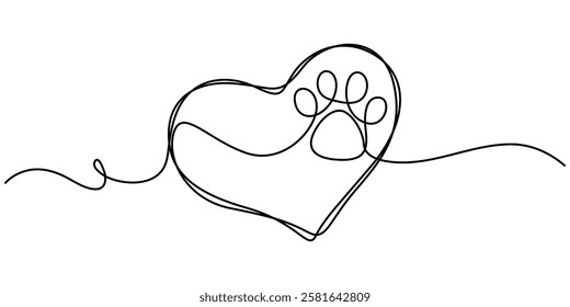 Heart with cat or dog paw in continuous one line drawing logo. Minimal line art. Animal foorprint in heart, Dog and cat paw hearts drawn in one continuous line. Dog paw prints in a heart frame.