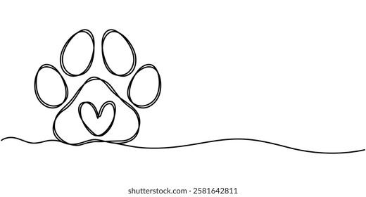 Heart with cat or dog paw in continuous one line drawing logo. Minimal line art. Animal foorprint in heart, Dog and cat paw hearts drawn in one continuous line. Dog paw prints in a heart frame.