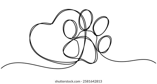 Heart with cat or dog paw in continuous one line drawing logo. Minimal line art. Animal foorprint in heart, Dog and cat paw hearts drawn in one continuous line. Dog paw prints in a heart frame.