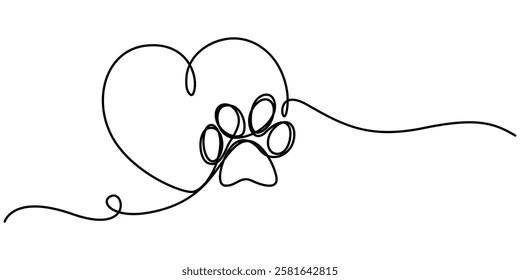 Heart with cat or dog paw in continuous one line drawing logo. Minimal line art. Animal foorprint in heart, Dog and cat paw hearts drawn in one continuous line. Dog paw prints in a heart frame.