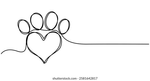 Heart with cat or dog paw in continuous one line drawing logo. Minimal line art. Animal foorprint in heart, Dog and cat paw hearts drawn in one continuous line. Dog paw prints in a heart frame.