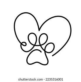 Corazón con huella de gato o gato de perro en el logotipo continuo de dibujo de una línea. Arte de línea mínima. Animal en el corazón. Concepto de amor de mascotas.