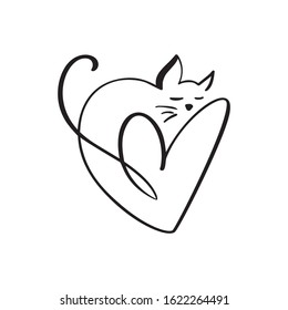 Heart And Cat Love Logo Sign. Design Flourish Element For Valentine Card. Vector Illustration. Romantic Symbol Wedding. Template For T Shirt, Banner, Poster.