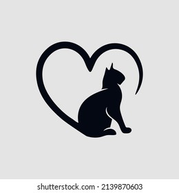 Signo del logo del amor al corazón y al gato. Diseñar elemento floreciente para tarjeta de San Valentín. Ilustración vectorial. Boda romántica. Plantilla para camiseta, pancarta, afiche.
