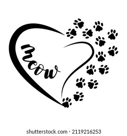 Heart with cat paws and Meow. Vector black silhouette of a heart and cat footprints.