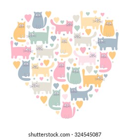 The heart of the cats. Hand drawn funny kittens in love. Colorful cute animals and hearts. Pink, yellow, grey and green colors on white background.