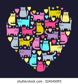 The heart of the cats. Hand drawn funny kittens in love. Colorful cute animals and hearts. Pink, yellow, grey and green colors on black background.