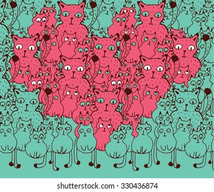 The Heart of the Cats. Hand drawn funny Cats in love.