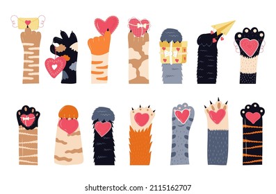 Heart and cats paw vector set. Pet feet in hand drawn style. Legs of domestic animals. Paws of fluffy, pretty, friendly kittens holding openwork heart, valentine card. 