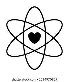 A heart at the center of an atomic symbol conveys unity of love and science. Ideal for educational materials, relationships, science-themed art, healthcare, and modern designs. Minimalist, black and w