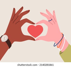 Heart in center of folded black and white hands in shape of heart. Concept of social assistance, charity, volunteering, equality and mutual respect, love and peace. Colored flat vector illustration.