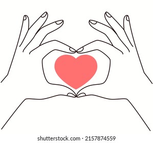 Heart in center of folded hands in shape of heart. Concept of social assistance, charity, volunteering, equality and mutual respect, love and peace. Colored flat vector illustration.